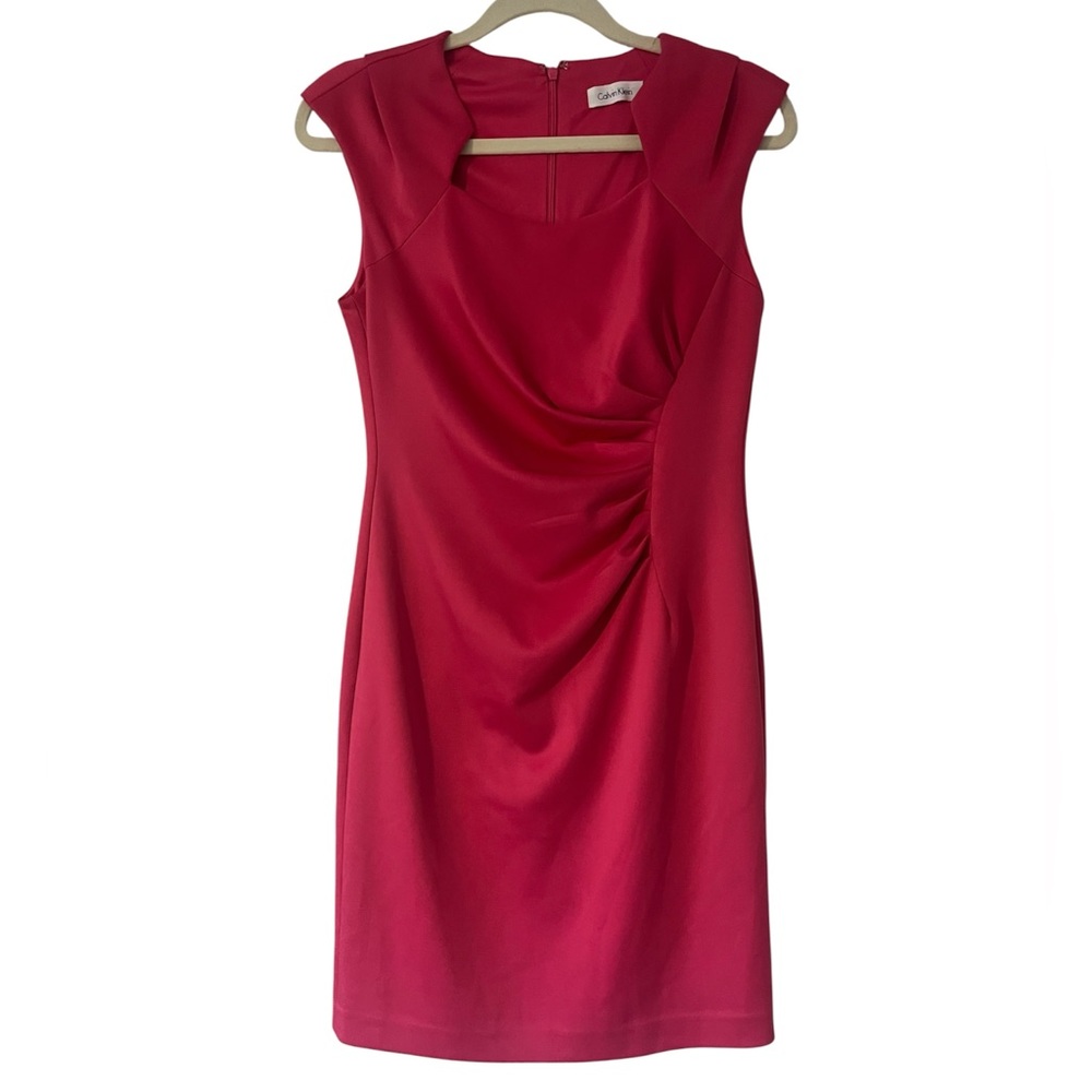 Calvin Klein Hot Pink Sheath Dress Ruched Cap Sleeve Lined